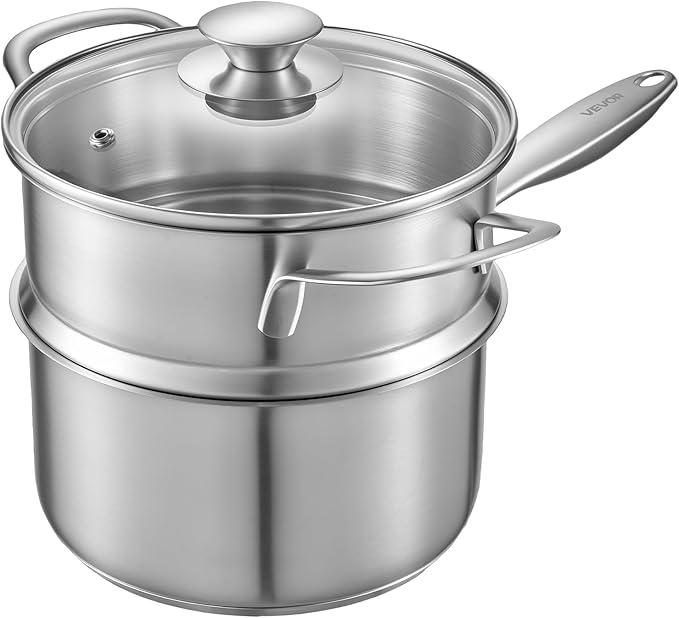 VEVOR 2.5 QT Saucepan with Steamer, Stainless Steel Saucepan with Glass Lid, Multipurpose Nonstick Stainless Steel Sauce Pot with Ergonomic Handle, Friendly for Oven, Dishwasher, Induction Cooker