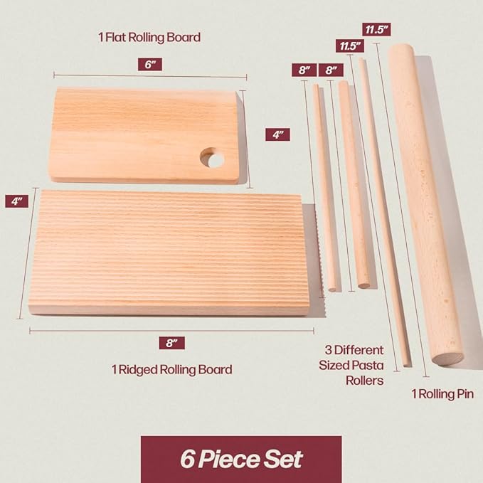 Wooden Pasta Board Set – 6-Piece Pasta Making Tools – Includes Pasta Board, Bench Scraper & 4 Rolling Pins – Make Rigatoni, Gnocchi, Garganelli, Trofie & More – Homemade Pasta Kit by Roppa