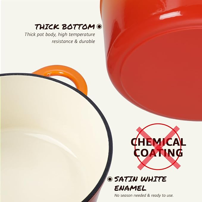 Overmont Enameled Cast Iron Dutch Oven - 5.5QT Pot with Lid Cookbook & Cotton Potholders - Heavy-Duty Cookware for Braising, Stews, Roasting, Bread Baking orange
