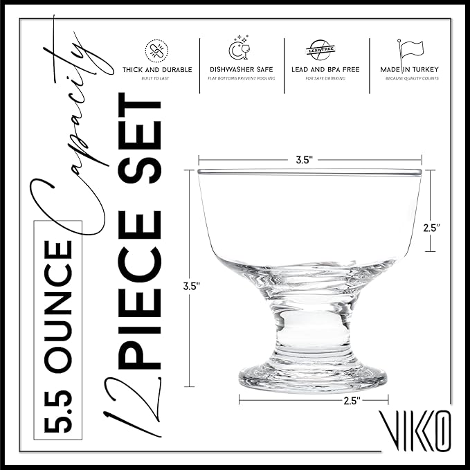 Vikko Dessert Bowls, 7 Ounce Ice Cream Sundae Bowls, Set of 12 Footed Dessert Cup For Ices, Pudding, Fruit, and More, Dishwasher Safe