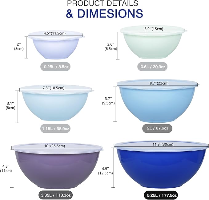 6-Piece Plastic Mixing Bowl Set with Lids for Kitchen, Nesting Storage Bowls for Baking, Prepping,Cooking and Serving Food, Dishwasher, Microwave Safe,Great for Mixing & Serving,Dark blue