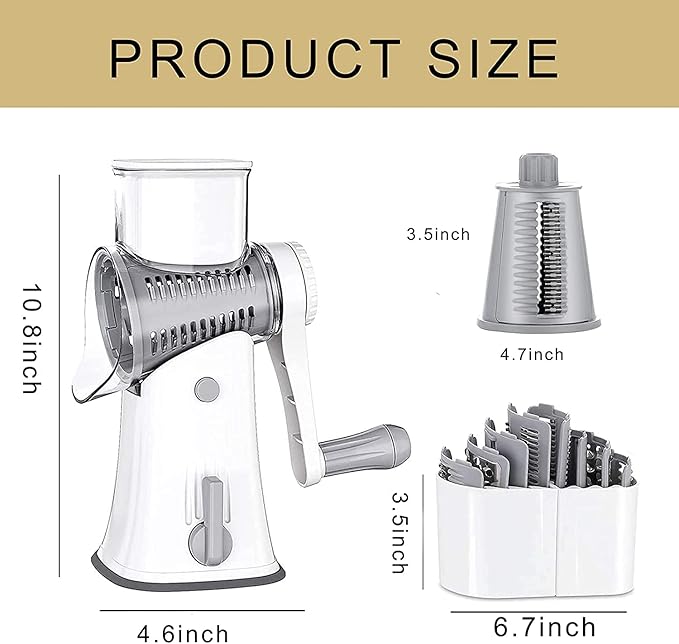 Rotary Cheese Grater Chopper Vegetable Cutter Slicer with Stainless Steel Drum Blades for kitchen, 5 in 1 Manual Round Mandoline Julienne Shredder Potato Grinder for Fruit, Nuts,Onion White