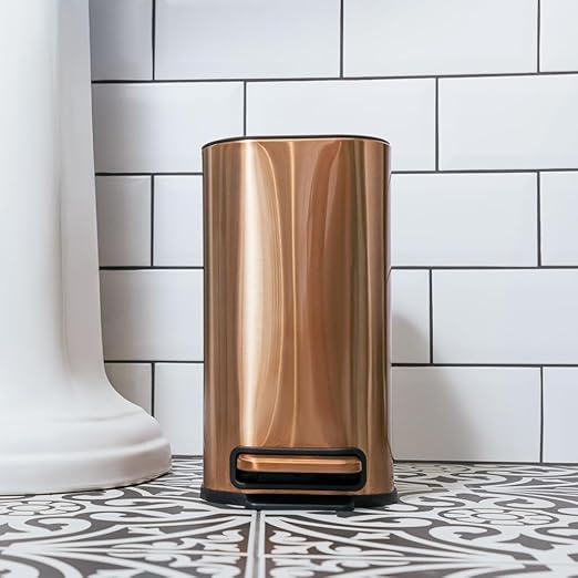 RED FACTOR Slim Small 1.3 Gallon Stainless Steel Pedal Trash Can with Soft Close Lid for Narrow Spaces – Wastebasket Bin with Removable Inner Bucket for Bathroom, Kitchen, Bedroom, or Office (Copper)
