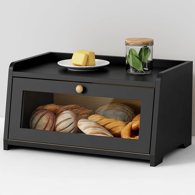 Black Bread Box for Kitchen Countertop, Vintage Wooden Counter Breadbox, Homemade Bread Storage Container for Sourdough Loaf, Small Farmhouse Corner Kitchen Countertop Organizer for Cabinet