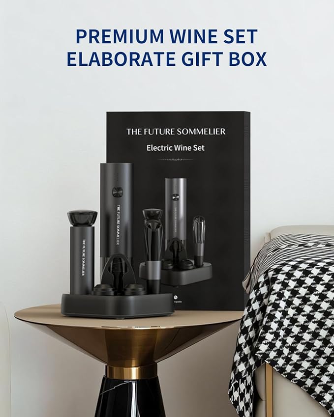 CIRCLE JOY Rechargeable Electric Wine Opener Set 7-in-1 Aluminum Alloy Wine Gift Set with Electric Corkscrew, Foil Cutter, Wine Pourer, Storage Base, Vacuum Pump and 2 Wine Stoppers