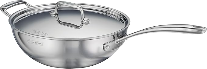 Tramontina Utsava Tri-Ply Clad Stainless Steel 3.75-Quart Wok with Lid and Ceramic Non Stick Interior, Induction-Ready Cooking Pan