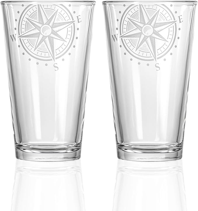 Rolf Glass Compass Star Pint Glass | 16oz Lead-Free Glass | Deep Sand Etched in the USA | Nautical Etched Design | Set of 2