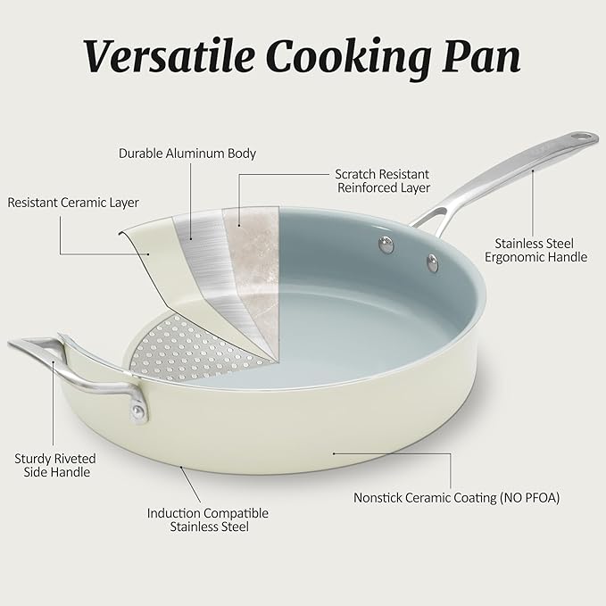 Nonstick Sauté Pan with Lid 5 QT Deep Frying Pan with Stainless Steel Helper Handle 12 inch Large Skillet Ceramic Jumbo Cooker for Healthy Cooking, Induction Compatible Cookware, PFOA Free