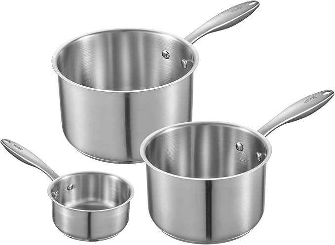 VEVOR Stainless Steel Saucepan Set, 1 QT & 2 QT & 3 QT Saucepans with Glass Lids, Multipurpose Nonstick Stainless Steel Sauce Pot with Ergonomic Handle, Friendly for Oven, Dishwasher, Induction Cooker