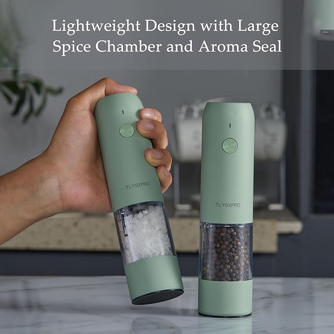 Electric Salt and Pepper Grinder Set, USB Rechargeable, Automatic Salt and Pepper Mill Grinder with Adjustable Coarseness, Electric Salt Shakers, LED Light, Refillable (2 Packs, Sage)