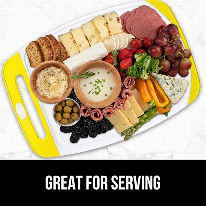 GORILLA GRIP BPA-Free Reversible Kitchen Cutting Board Set of 3, US Designed, Nonporous, Juice Grooves Catch Liquid, Slip Resistant Border, Dishwasher Safe, Durable Large Food Chopping Boards, Yellow