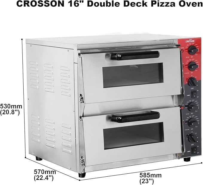 CROSSON ETL listed Commercial Double Deck 16 inch Countertop Electric Pizza Oven with pizza stone, Multipurpose Indoor Pizza oven for Restaurant use,120V/3200W