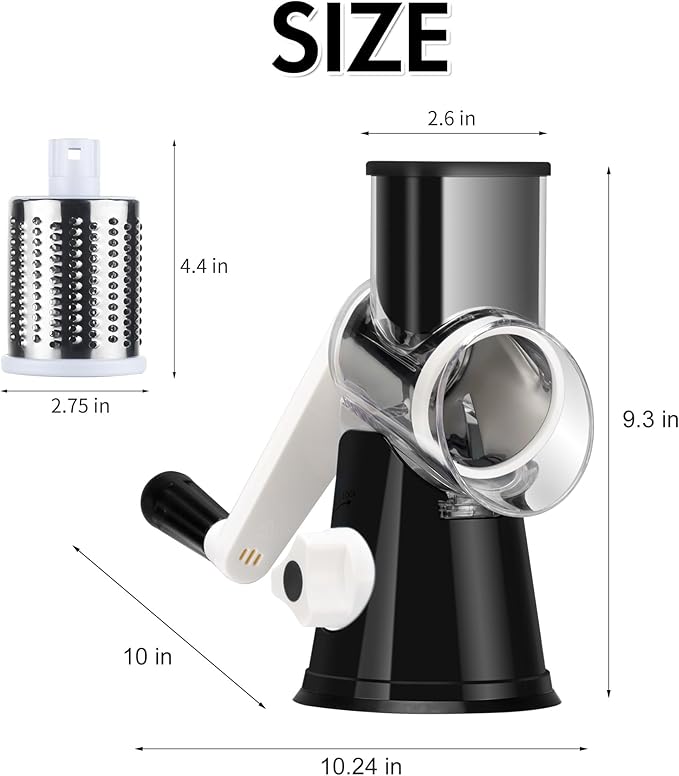 Ourokhome Rotary Cheese Grater Hand Crank, Kitchen Shredder Speed Mandolin Slicer Ice Shaver with Handle and Drum Blades for Cheese, Vegetable, Nuts, Chocolate, Potato, Carrot, 5 Blades, Black