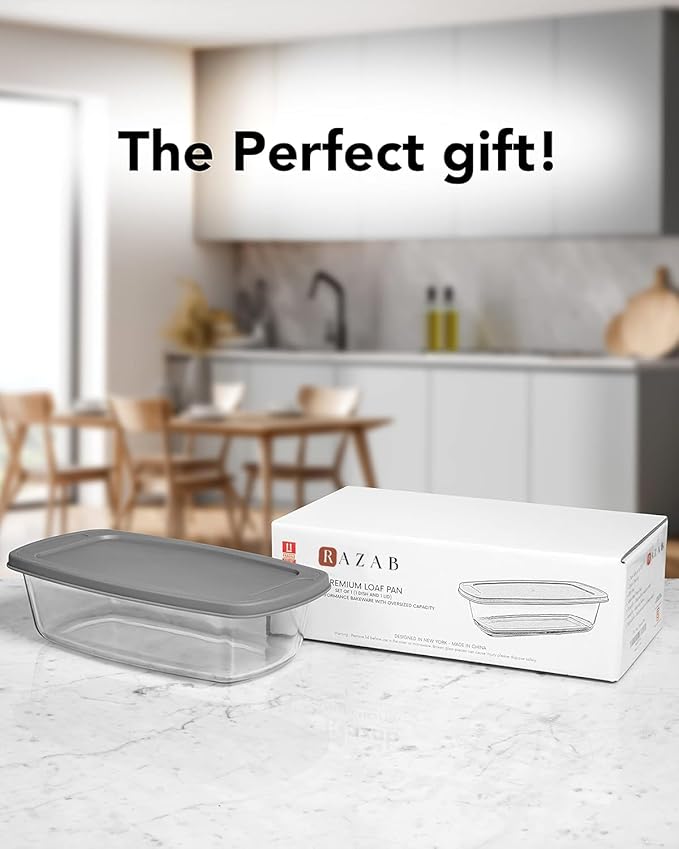 Razab LARGE 7.6 Cups/1800 ML/1.9 Qt Glass Loaf Pan with Lids - Meatloaf Pan BPA free Airtight Lids Grip Handle Easy Carry, Microwave and Oven Safe - Loaf Pans For Baking Bread, Cakes, Glass Loaf Pan