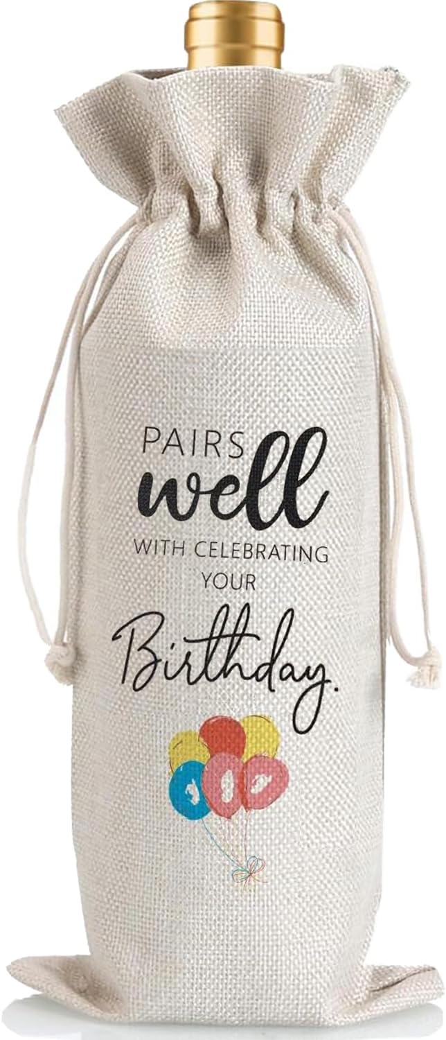 Julont 1Pcs Birthday Gift Ideas for Women & Men, Birthday Party Wine Bag Gift,Happy Birthdate decor, with 1Pcs Kraft Blessing Cards and natural jute rope