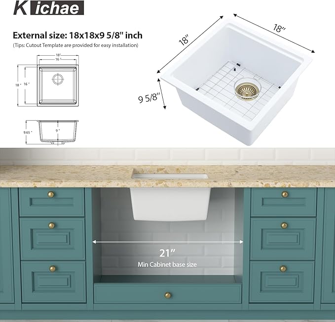 Kichae 18 Inch Undermount Bar Sink - 18 x 18 White Composite Granite Quartz Sink Undermount Wet Bar Prep Single Bowl Workstation Small Kitchen Sinks with Cutting Board