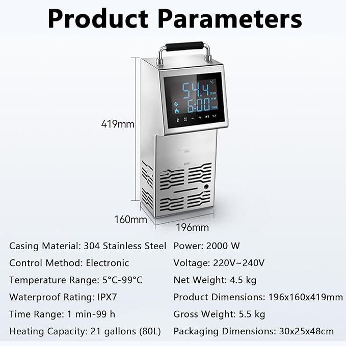 Sous Vide Precision Cooker 80L Immersion Circulator Sous Vide Machine Sous Vide Cookers Slow Cooker 0-99 Hours Time Adjustment,5-99℃ Temperature Control