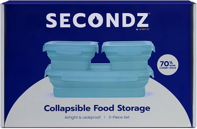 Drip EZ Secondz Collapsible Food Storage Containers (set of 3) - Meal Prep, Leftovers, Lunch, Camping, Hiking - Dishwasher & Microwave Safe - BPA-free Silicone - Locking Lids - Ice Blue