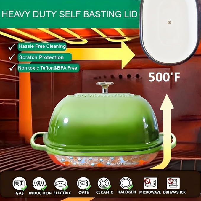 Cast Iron Bread Oven,6 QT Bread Oven,Thick Enameled Loaf Pan with Lid,Bread Pans for Homemade Bread,14.5"Dutch Oven for Bread Baking,Dutch Oven-with Silicone Baking Mat&Recipe,Gifts for Family,Green