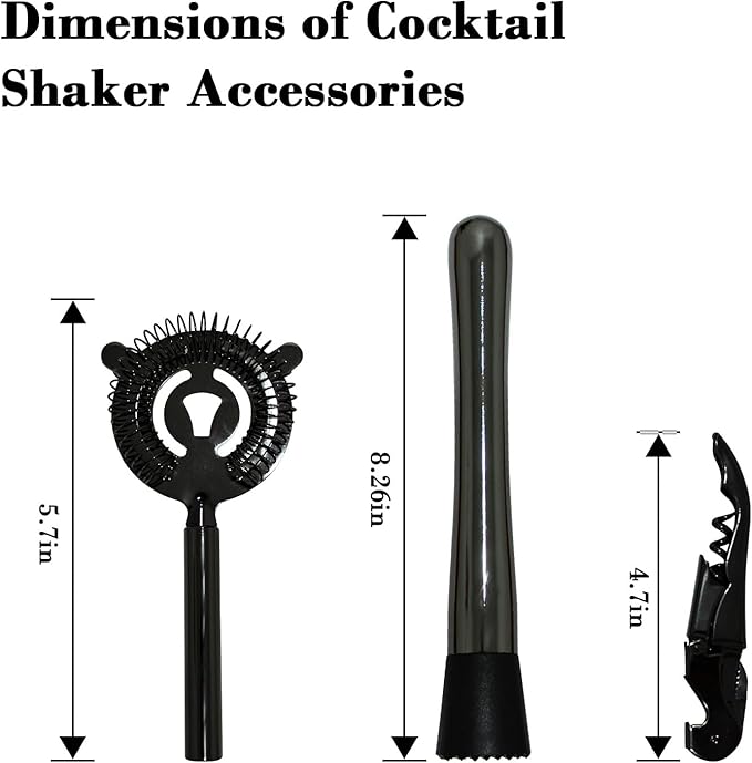 Stainless Steel Cocktail Shaker Set, 24oz/750ml Bartender Kit Includes Strainer and Stir Stick for Home, Bar, Party, Bar Accessories for The Home Bar Set (Black)