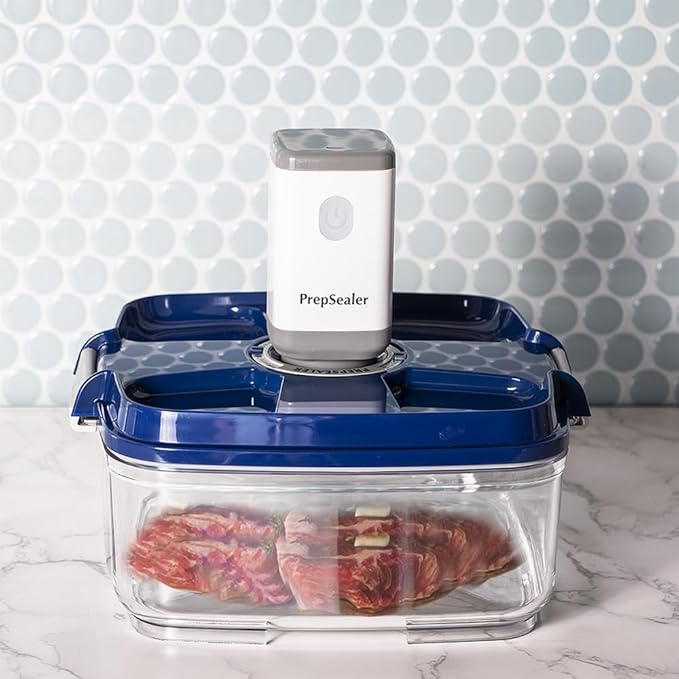 PrepSealer Marinating Vacuum System Container-Makes Food Tastier, Juicier, Healthier and More Tender (2 Liter, Square Shape, Tritan Material, Blue Color, Manual Hand Pump Included)