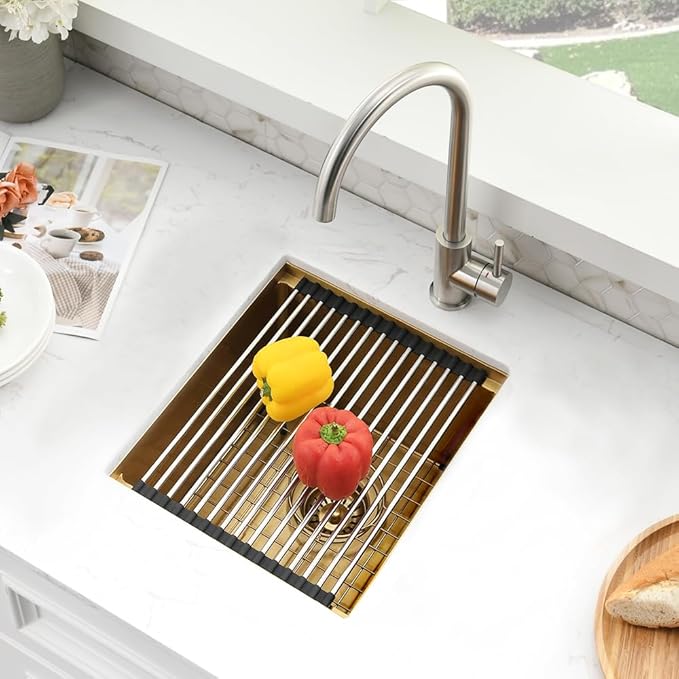 Undermount Gold Bar Sink, 12 x 15 inch Undermount Wet Bar Sink 16 Gauge Stainless Steel Brushed Gold Basin for Outdoor RV Kitchen