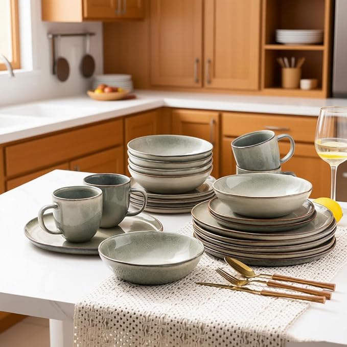 AmorArc Ceramic Dinnerware Sets,Handmade Reactive Glaze Stoneware Plates and Bowls Set,Highly Scratch Resistant | Dishwasher & Microwave Safe Dishes Set,Service for 6 (18pc)