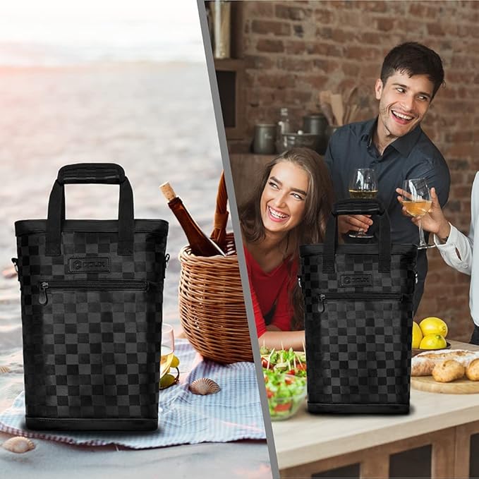 opux Two Bottle Wine Bag Carrier Tote, Insulated Leakproof 2 Bottle Wine Cooler Bag for Travel BYOB Picnic, Portable Wine Case, Gift for Men Women Wine Lover Birthday Party Christmas, Checker Black