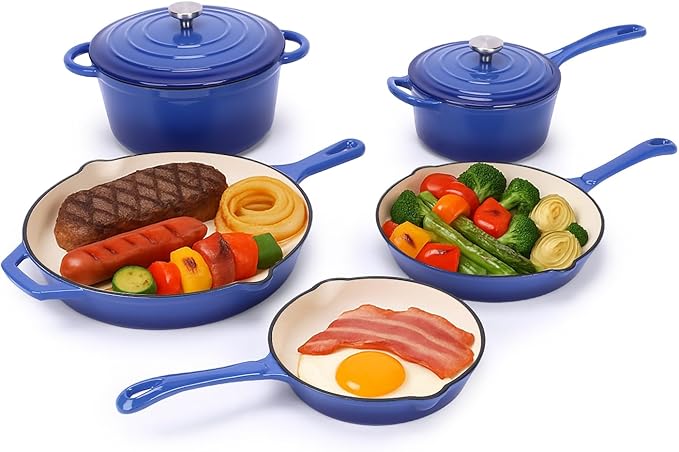 QuliMetal Enameled Cast Iron Cookware Set, 5 Pcs Pots and Pans with Lid, Skillet, Frying Pan, Saucepan & Dutch Oven for All Stovetops, PFA Free - Ideal for Sourdough Bread Baking