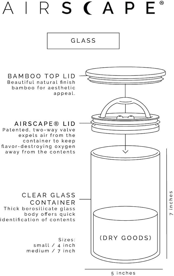 AirScape Glass Food Storage Canister - Glass Storage With US Patented Airless Inner Lid & Bamboo Top Lid - Preserves Food Freshness (Medium 7-Inch)