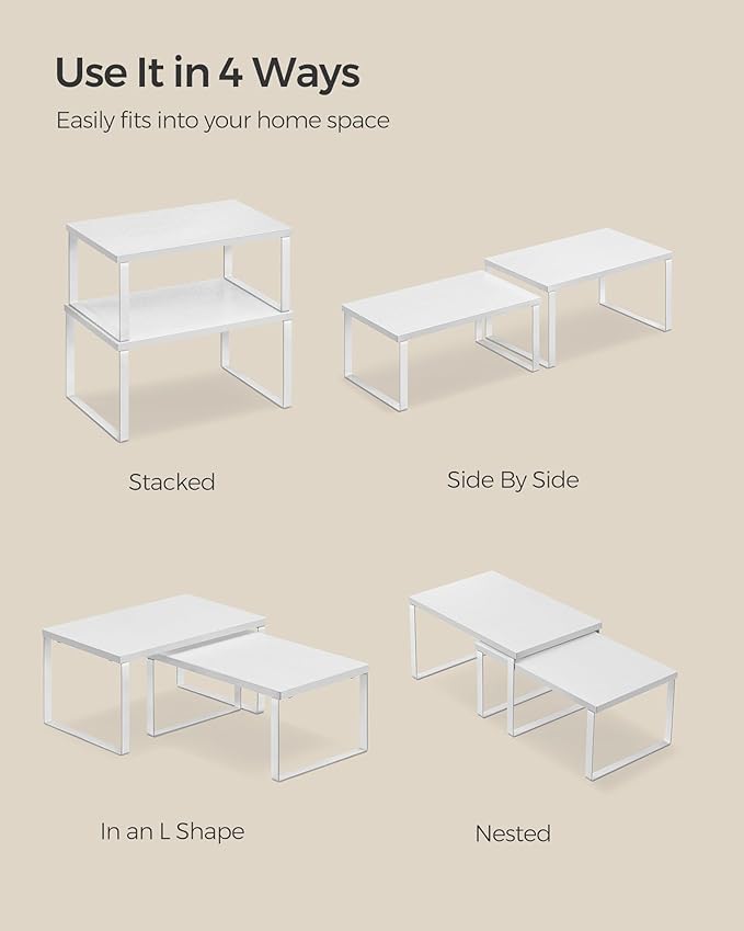 SONGMICS Cabinet Organizer Shelf, Set of 4 Kitchen Counter Shelves, Kitchen Storage, Spice Rack, Stackable, Expandable, Metal and Engineered Wood, Cloud White and Snow White UKCS027W01