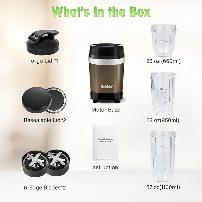Nahida Blender for Smoothies, 1200W Smoothie Blender for Ices Crushing, Blenders with (2) 6-Fin Blades, Personal Blenders for Kitchen with 23oz, 32oz, 37oz Easy Go Cups for Juices, 1200W, Brown