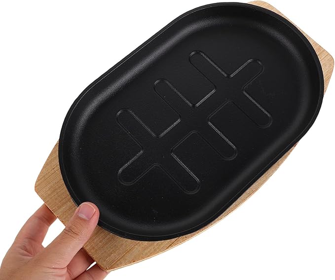 Cast Iron Flat Skillet Set: Pre-Seasoned Steak Plate with Wooden Base - Sizzling Fajita Grills Pan - Nonstick Cooking Pan for Restaurant Catering BBQ Outdoor Campfire