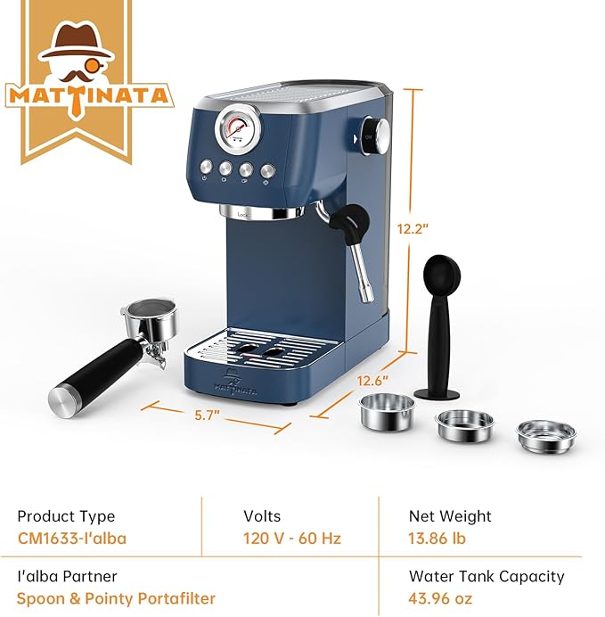 Espresso Machine 20 Bar, Espresso Coffee Maker with Professional Milk Frother Steam Wand for Cappuccino & Latte, 49oz Removable Water Tank for Home, Blue