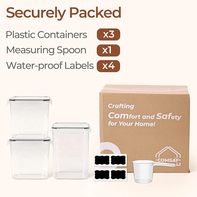 ComSaf Flour Sugar Storage Containers Set of 3 (5.2L/5.5Qt) (2.5L/2.6Qt*2), Large Airtight Food Storage Containers with Lids, Plastic Canisters Sets for Kitchen, Pantry Organizers for Rice and Baking