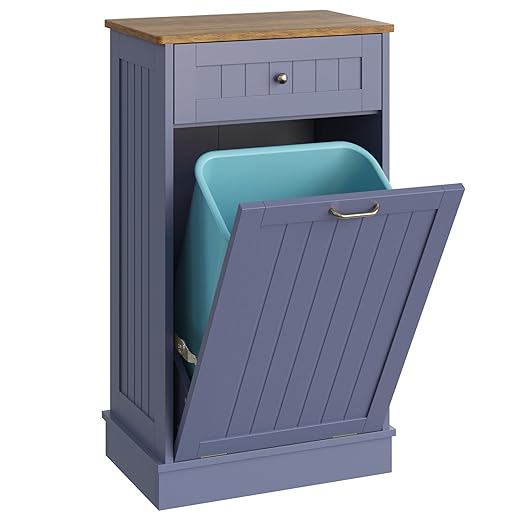 Tilt Out Trash Bin Cabinet Dog Proof Trash Can Holder Kitchen Island Without Garbage Bin or Tilt Out Laundry Hamper (Gray-Blue)