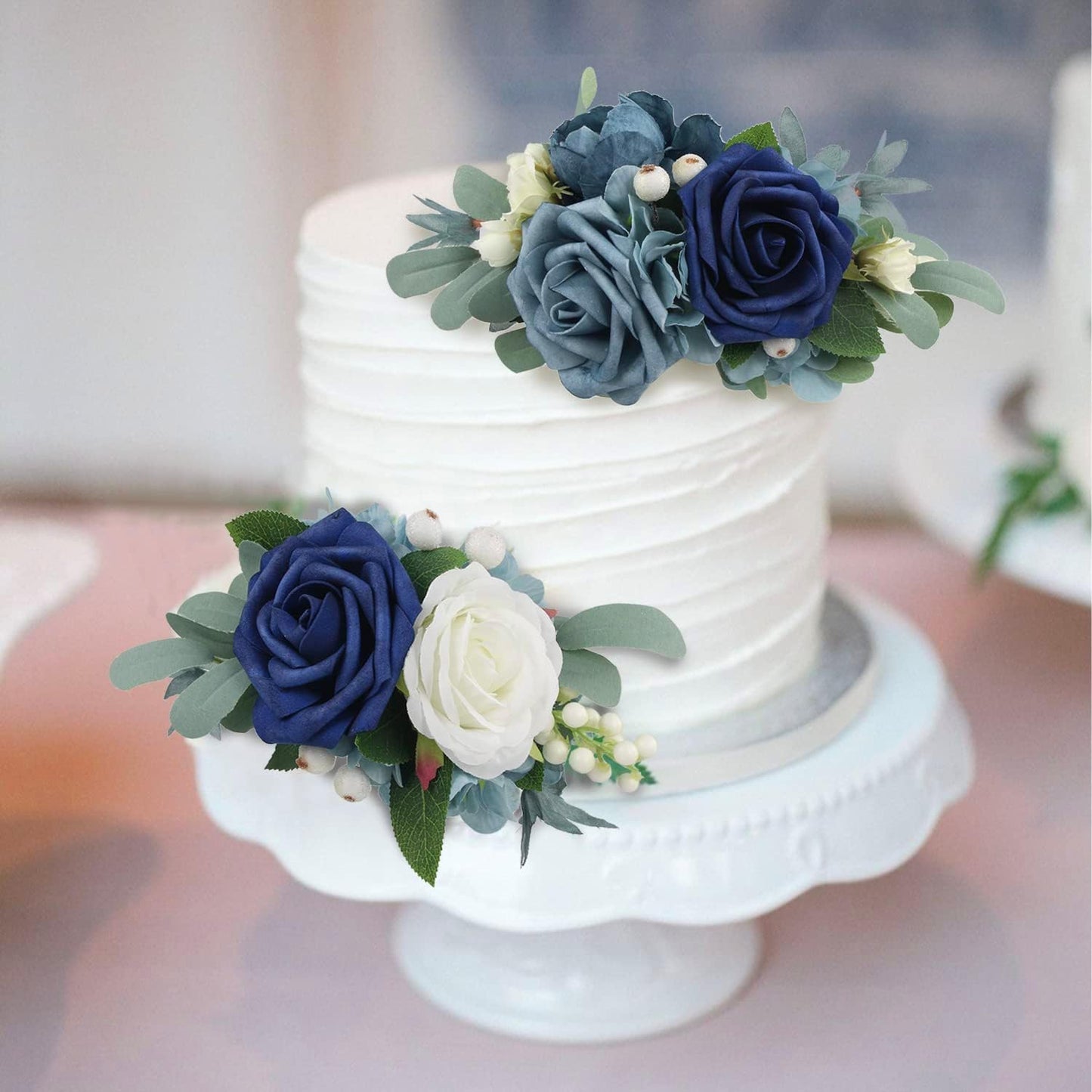Rinlong 3Pcs Pre-made Cake Toppers Navy Blue Flowers Cake Decorations Wedding Cake Decorating Flowers Decor Birthday Baptism Party Cake Toppers