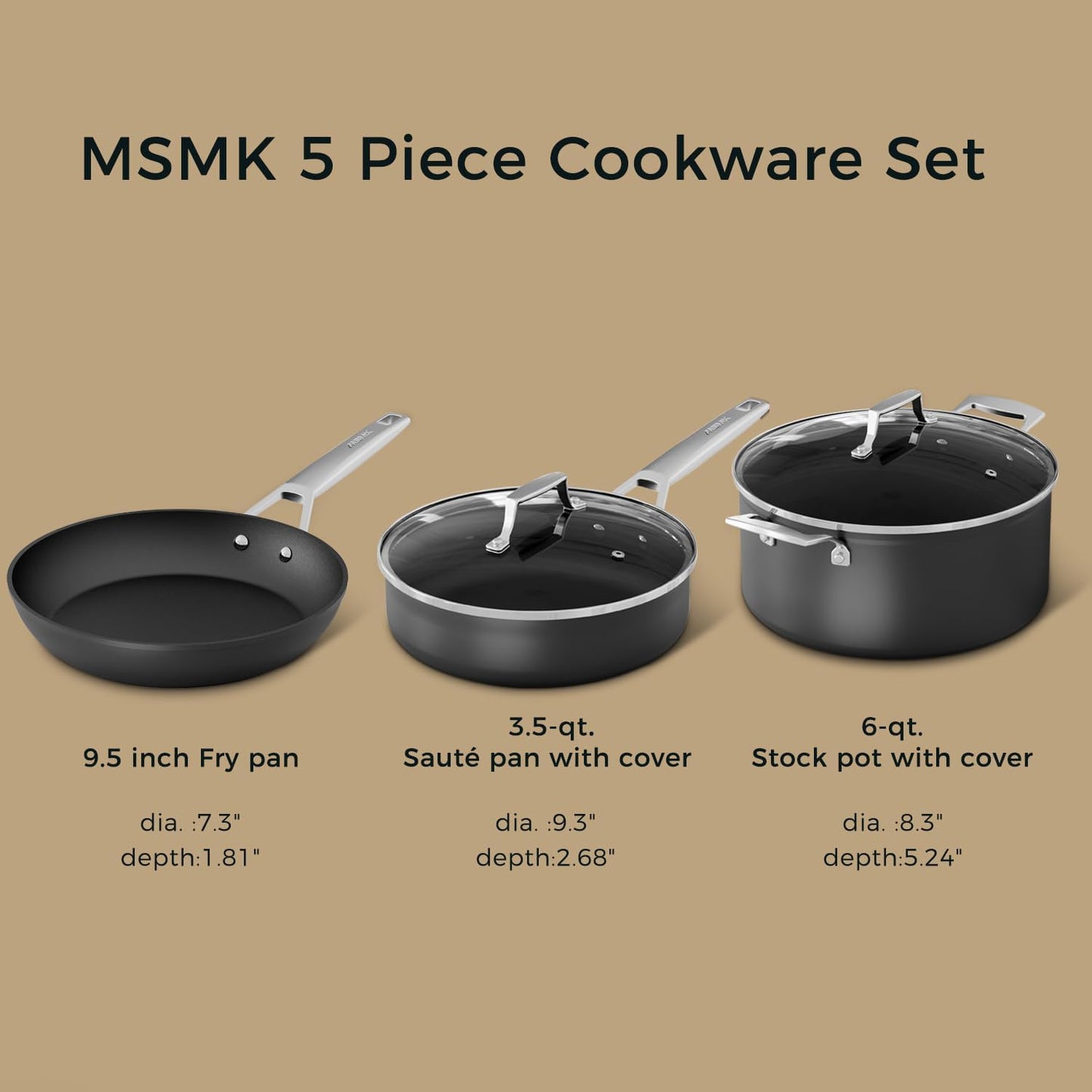MSMK 5-Piece Pots and Pans set, Durable Non Stick Coating From USA, Kitchen Cookware sets, even heating, comfortable handling, Induction Compatibility for Home Cooking, Oven Safe, Dishwasher Safe