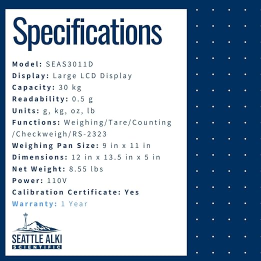 Seattle Alki Scientific Counting Scale | 30 kg x 0.5 g | Industrial Counting Scale for Small Parts | USA Company | Units: g, lbs, oz, kg (30 kg x 0.5 g + Calibration Certificate)