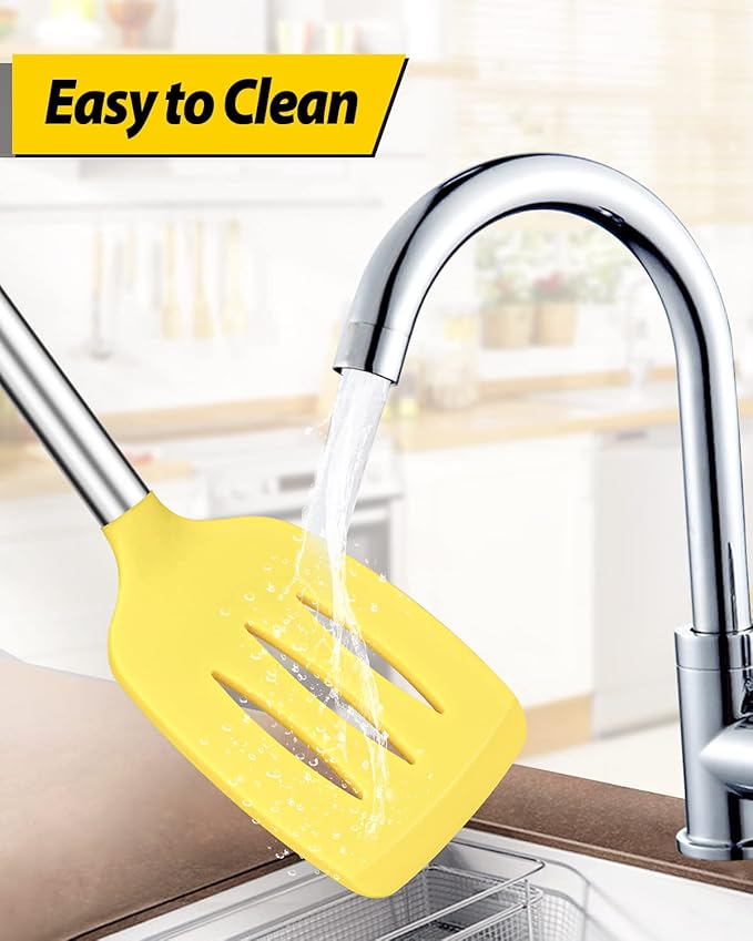 Pack of 2 Silicone Solid Turner, Non Stick Slotted Kitchen Spatulas, High Heat Resistant BPA Free Cooking Utensils, Ideal Cookware for Fish, Eggs, Pancakes(Yellow)