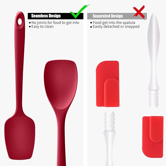 Doosu Silicone Spoon Spatula Set of 2, 600ºF Heat-Resistant Food Grade Rubber Spoonula with Seamless Design, Non-Stick Dishwasher Safe Kitchen Utensils for Cooking, Baking, Mixing, Scraping (Red)