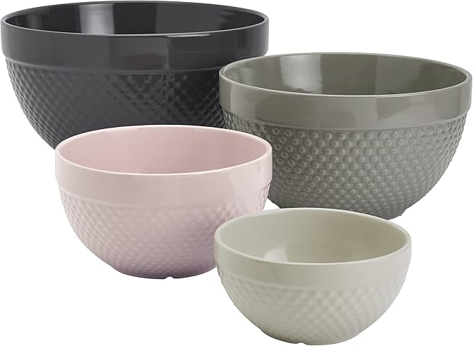 TTU Tabletops Gallery Hobnail Style 4 Piece Timeless Grey Stoneware Nesting Mixing Bowl Set for Baking and Cooking