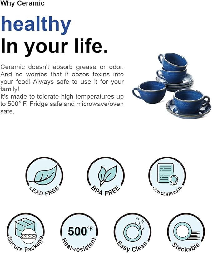 LE TAUCI 8 oz Cappuccino Cups with Saucers, Ceramic Large Coffee Cup for Au Lait, Double shot, Latte, Cafe Mocha, Tea - Set of 4, Ceylon Blue