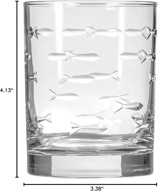 Rolf Glass School of Fish 13oz Double Old Fashioned Glass | Whiskey Glass Set of 4 | Lead-Free Glass | Engraved Tumbler Glasses | Designed and Engraved in the US