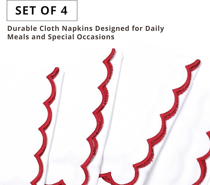 PurpleEssences Scalloped Embroidery Cloth Napkins Christmas Holiday Winter Table Decor 100% Cotton Set of 4-18 x 18 inch - White - Edges - Red