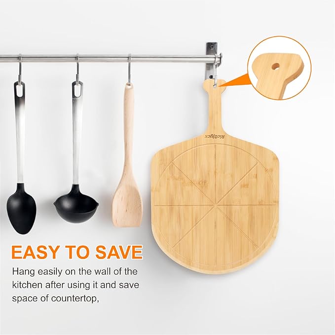 14 inch Natural Bamboo Pizza Peel Set of 2, Double-Sided Use Pizza Cutting Board with 8 Slice Grooves for Pizza, Bread, Cheese, Vegetable, Fruits