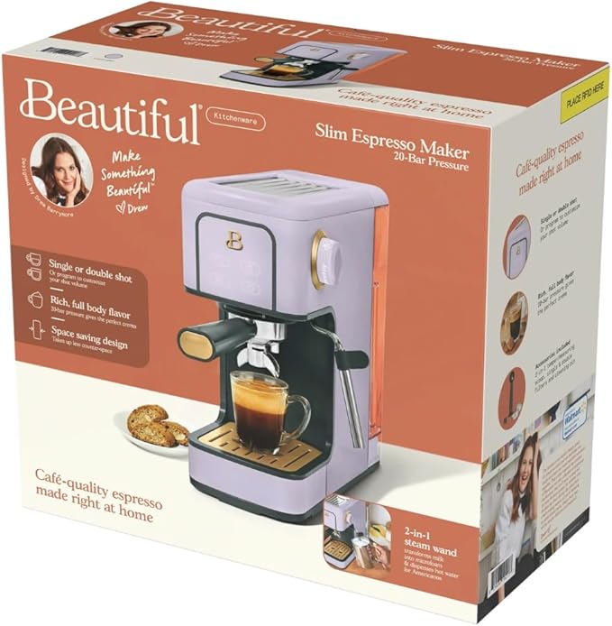 Beautiful Slim Espresso Maker by Drew Barrymore – 20‑Bar Pressure, Dual‑Spout 52 mm Portafilter, 50 oz Removable Tank, 2‑in‑1 Steam Wand & Touch Controls (Lavender)