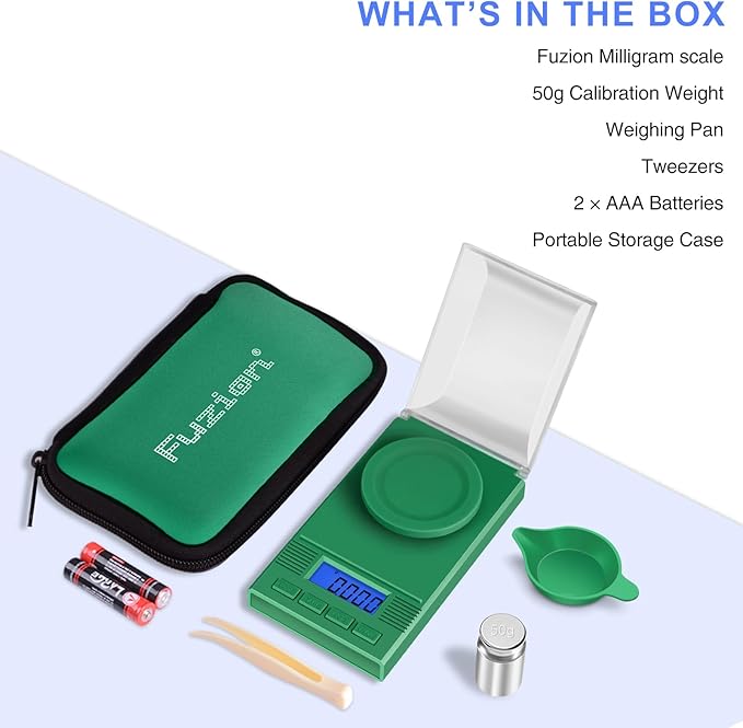 Fuzion Milligram Scale 50g/ 0.001g, Portable mg Scale with LCD Backlit, Tare, Digital Jewelry Scale, Microgram Scale for Powder, Gold, Gem, Reloading, Batteries Included