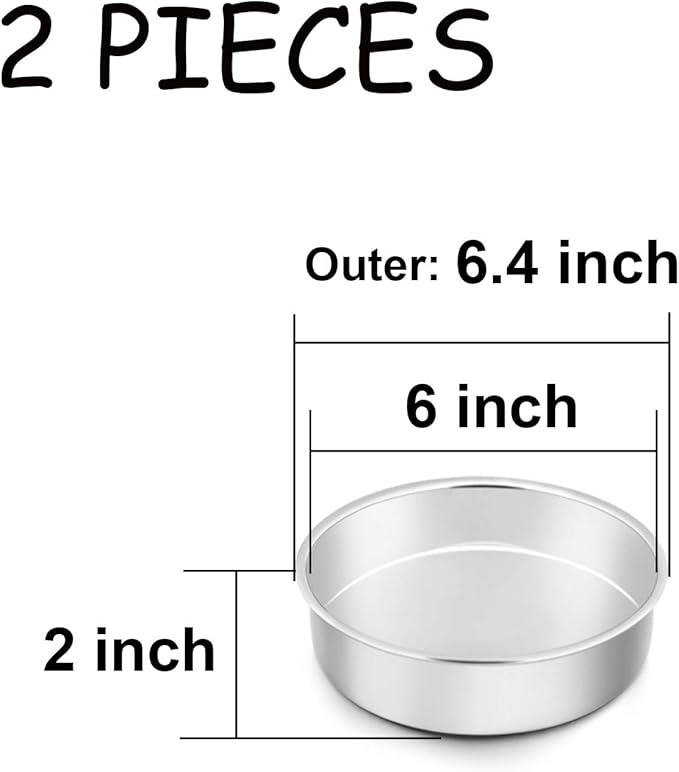 TeamFar 6 Inch Cake Pan, 2 Pcs Round Tier Cake Pan Set Stainless Steel for Baking Steaming Serving, Fit in Oven Pot Air Fryer, Healthy & Heavy Duty, Mirror Finish & Easy Clean, Dishwasher Safe