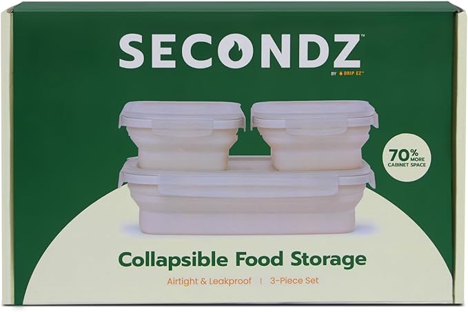 Drip EZ Secondz Collapsible Food Storage Containers (set of 3) - Meal Prep, Leftovers, Lunch, Camping, Hiking - Dishwasher & Microwave Safe - BPA-free Silicone - Locking Lids - Sandstone